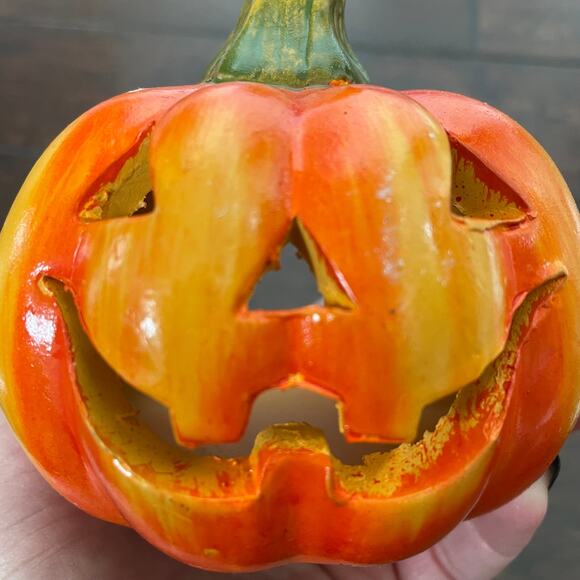 Ceramic Pumpkin Candle Holder Jack O Lantern Votive Tea Light Chelsea Home VTG - Picture 1 of 9